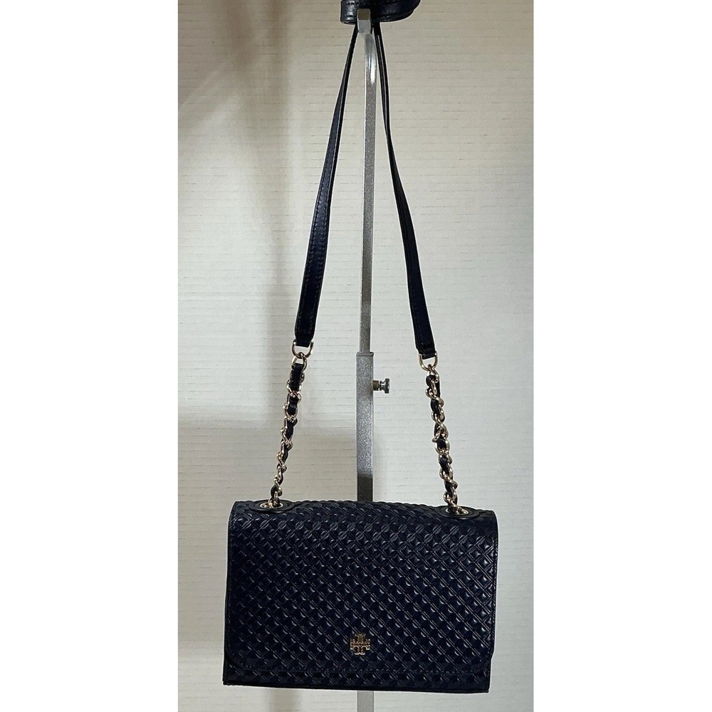 Tory Burch Marion Embossed Shrunken Shoulder Bag In Navy Mini Leather $295 - Picture 7 of 8